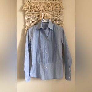ETRO Jacquard Print Pleated Button Down Shirt Made in Italy Size 40 Light Blue